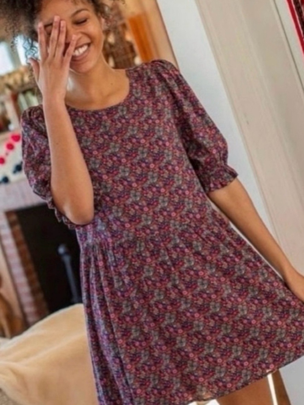 Natural Life Floral Babydoll Mini Dress XS/S Blue Boho Puff Sleeve Cottagecore